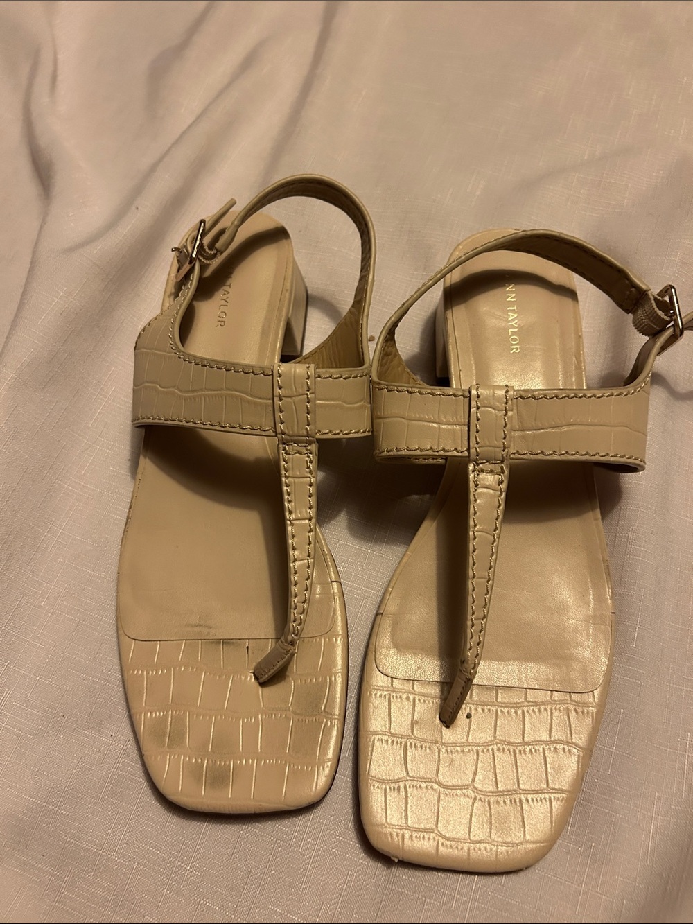 Ann Taylor Neutral Croc-Embossed T-Strap Sandals